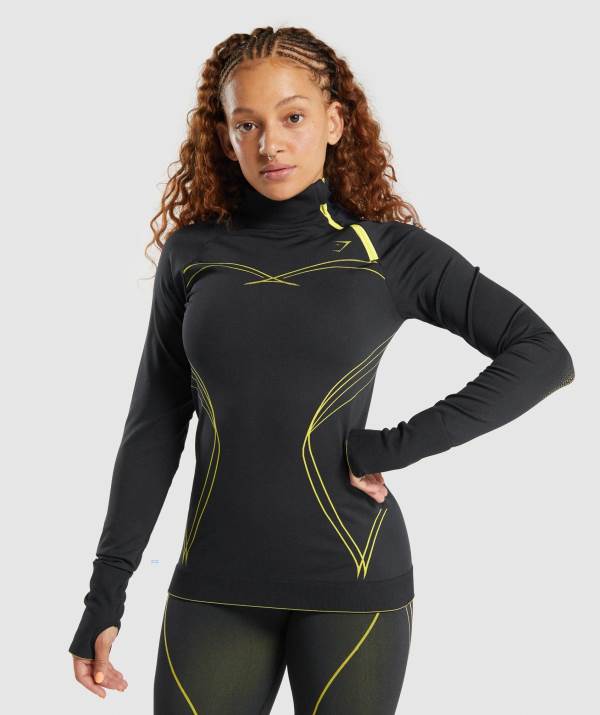 Damske Pulovre Gymshark Apex Seamless 1/4 Zip Čierne Žlté | XU3467892